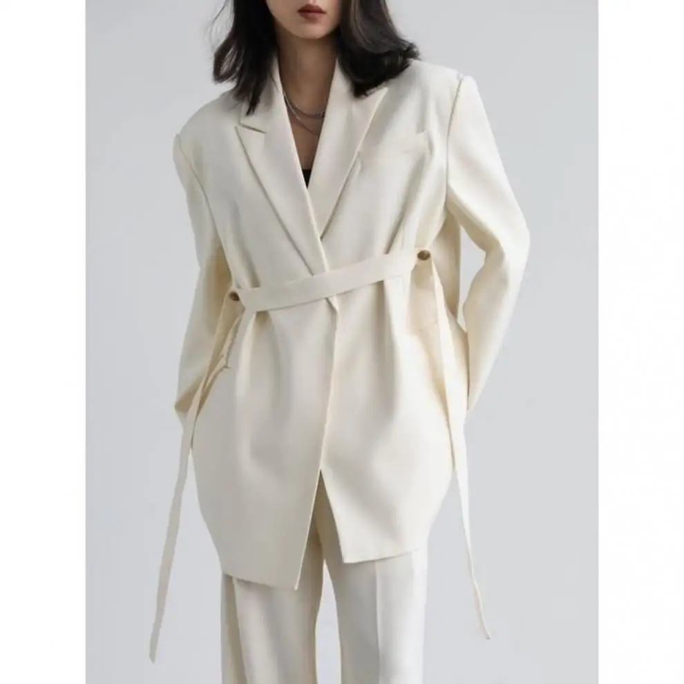 High Quality Two Piece Suit Pant Set White Long Sleeve Loose and Casual Blazer Jacket Medium Length With Wide Leg Pants