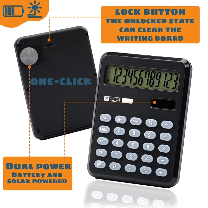 Handwriting Portable Basic Calculator With Writing Pad, 12 Digits Desktop Pocket Calculator For Office Home School Black