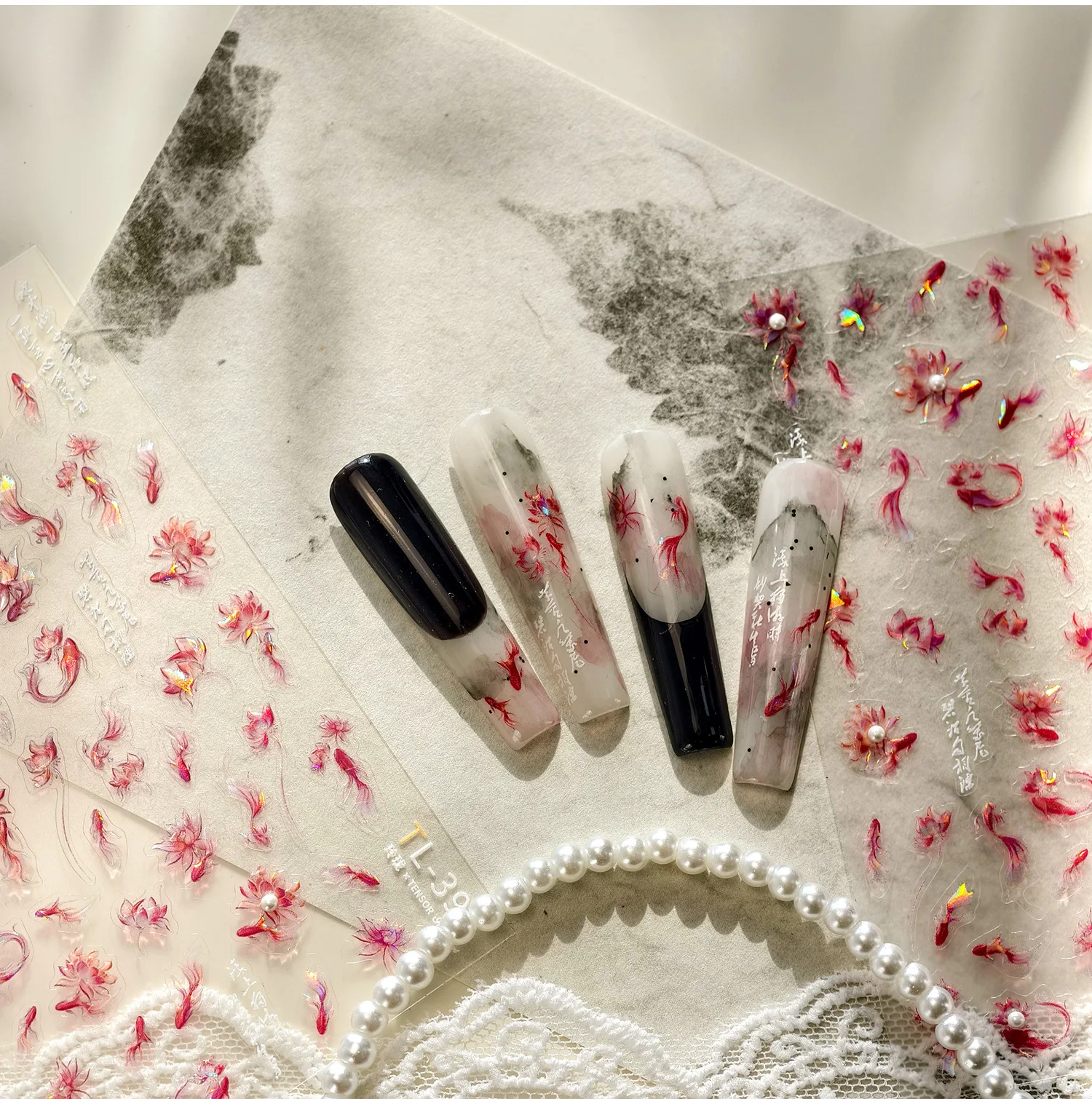 Pesce rosso in stile cinese Koi carpa broccata fiore classico bolle d'acqua caratteri antichi adesivi per nail art fai da te decalcomanie per manicure