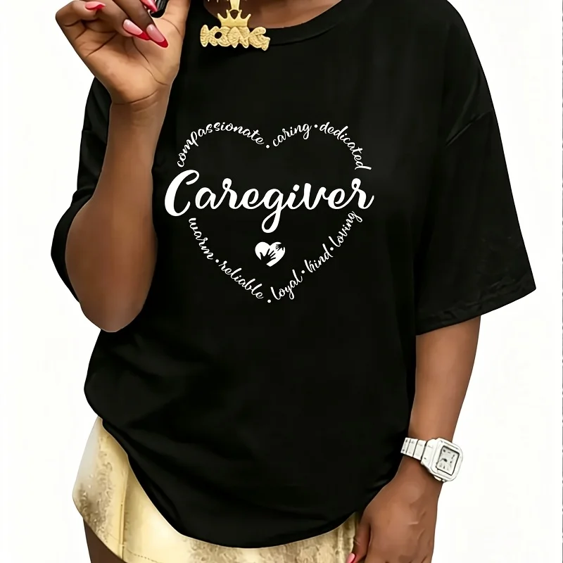 Caregiver Heart Caretaker Care Giver Appreciation Women's 100% Cotton T-Shirt Short Sleeve Top Casual Round Neck Fun Print Tee S-5Xl