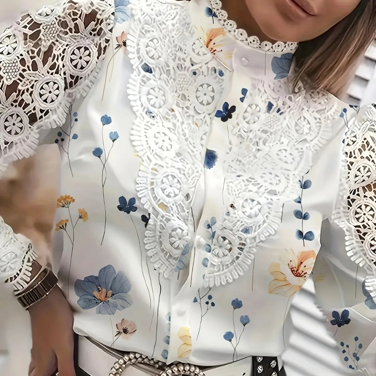 Camisas de manga larga de encaje blanco Vintage para mujer, Tops y blusas con estampado Floral y botones de otoño, camisa para mujer 2024