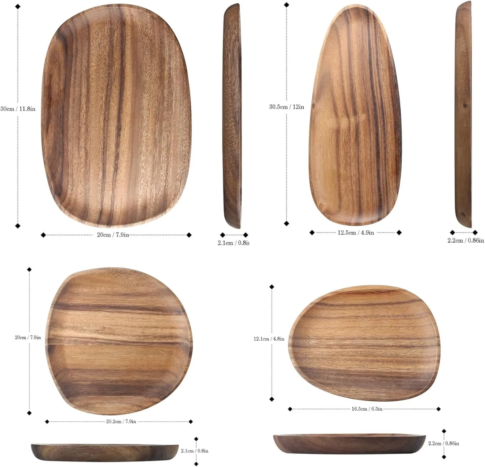 Set of 4 Acacia Wood Serving Trays,Irregular Oval Wooden Platters in 4 Sizes for Charcuterie, Appetizers,Snacks,Breakfast Coffee