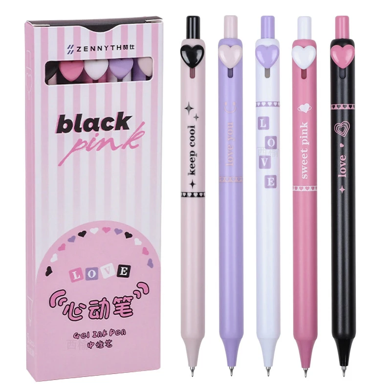 5Pcs Fashion Pressing Gel Pen Cute Signature Pen Sweet Heart Button Writing Pens Office Supplies Student Stationery Gifts