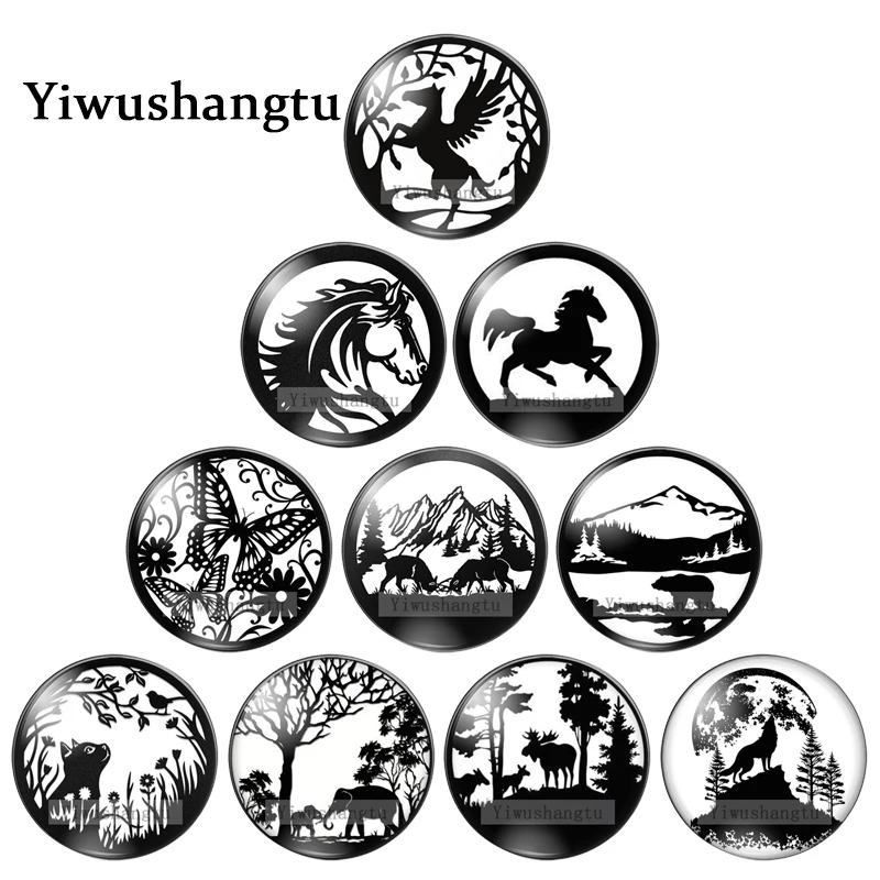 Black sketch animal landscape background pattern 8mm/12mm/20mm/25mm Round photo glass cabochon demo flat back Making findings