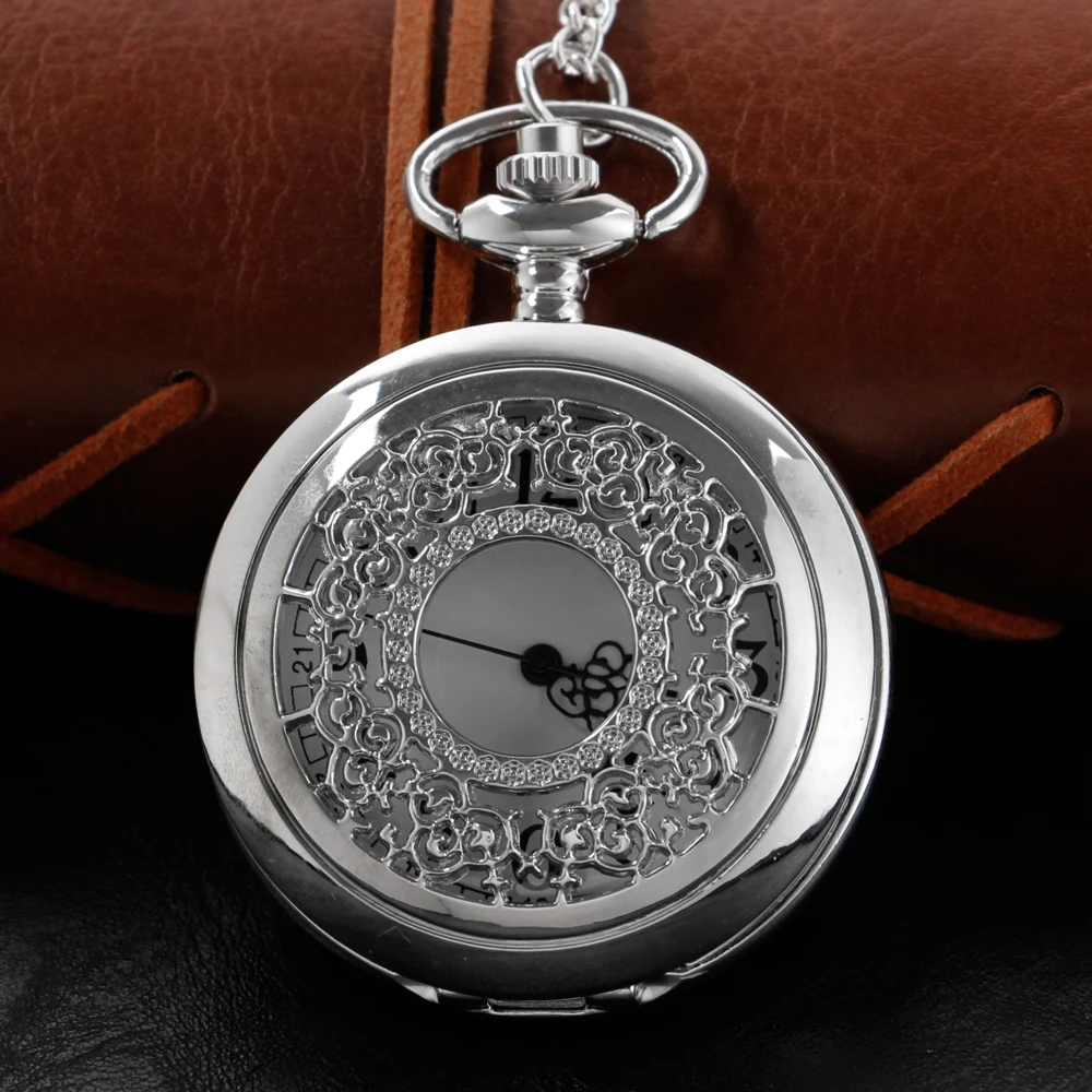 Silver Quartz Pocket Watch High Quality Hollow Design Unisex Necklace Timing Pendant Men's and Women's Pocket Watch Gift Cf1008