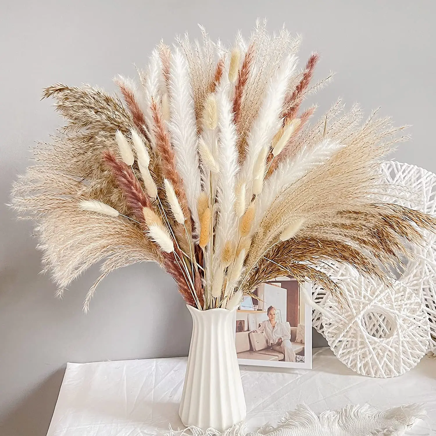 

74pcs Pampas Grass Natural Dried Flowers Bouquet Boho Reed Grass Dried Reed Plumes Flower Wedding Decoration Room Trockenblumen