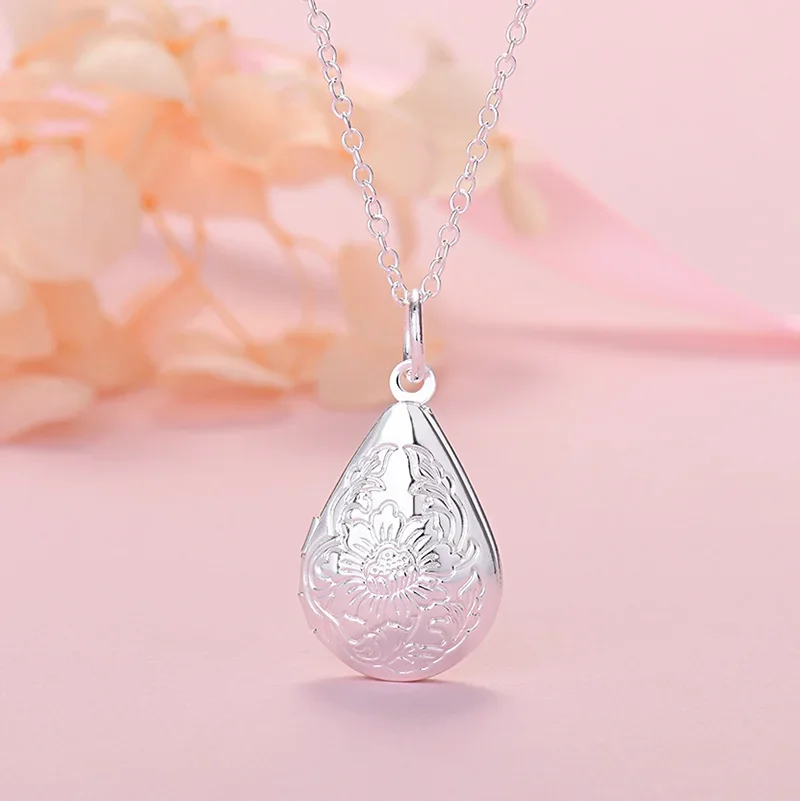 

New 925 sterling silver romantic water drop photo frame pendant Necklace For Women Fashion Wedding Party Jewelry birthday gifts