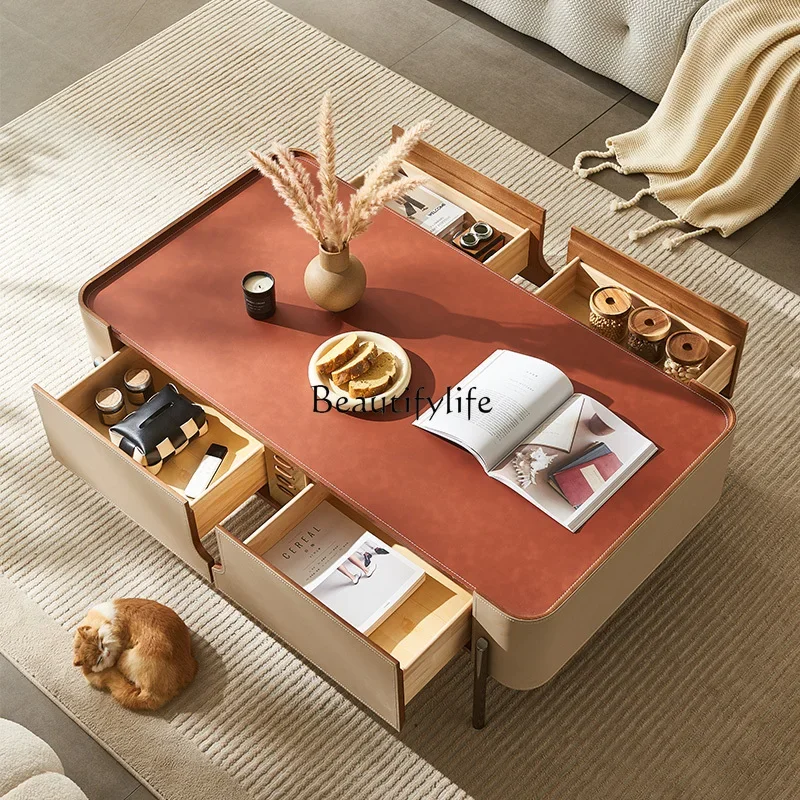 09 طاولة قهوة جلدية سرج خفيفة شقة صغيرة راقية طاولة قهوة زاوية مستديرة من الجلد الإبداعي