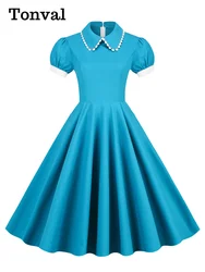 Tonval Peter Pan Collar Puff Sleeve Turquoise Cotton Dresses Women 2026 Elegant Plain Vintage Style Pockets Side Midi Dress