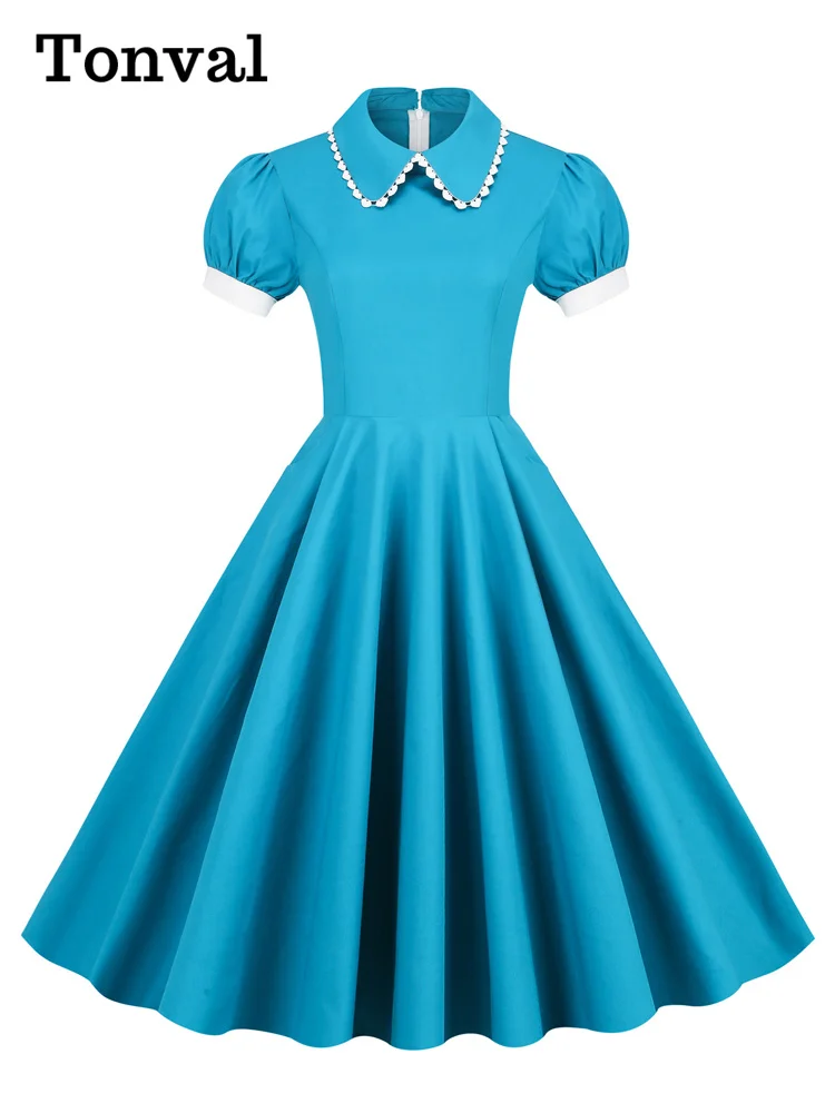 Tonval Peter Pan Collar Puff Sleeve Turquoise Cotton Dresses Women 2024 Elegant Solid Vintage Style Pockets Midi Dress