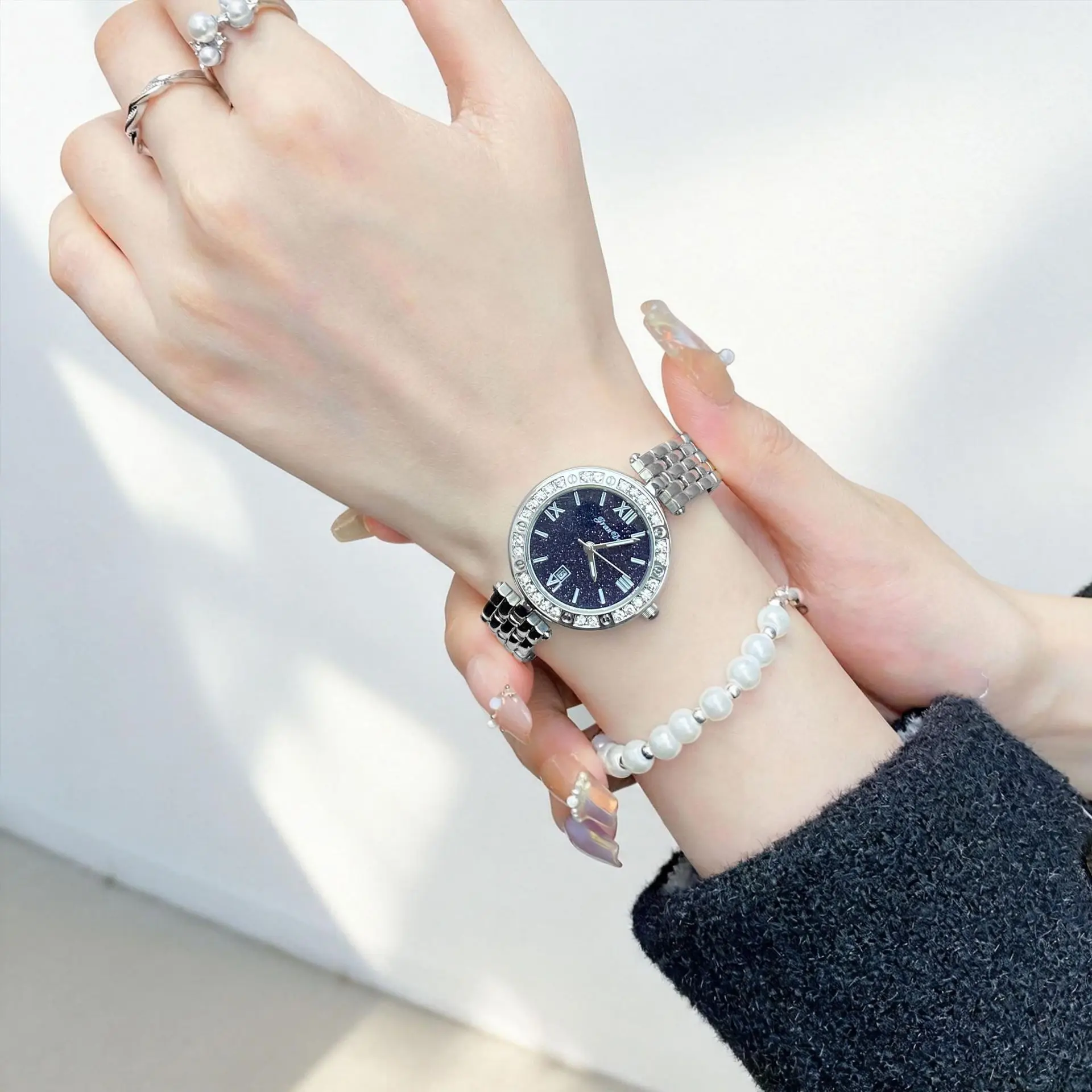 Women'S Luxury Watch, Starry Sky Dial, Single Calendar Quartz Wristwatch, High-End Women'S Watch, Valentine'S Day Gift