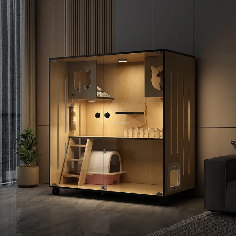 Luxury Solid Wood  Cages Transparent Glass Villa Indoor Panoramic  House Large Cat Litter Home Waterproof Cabinet