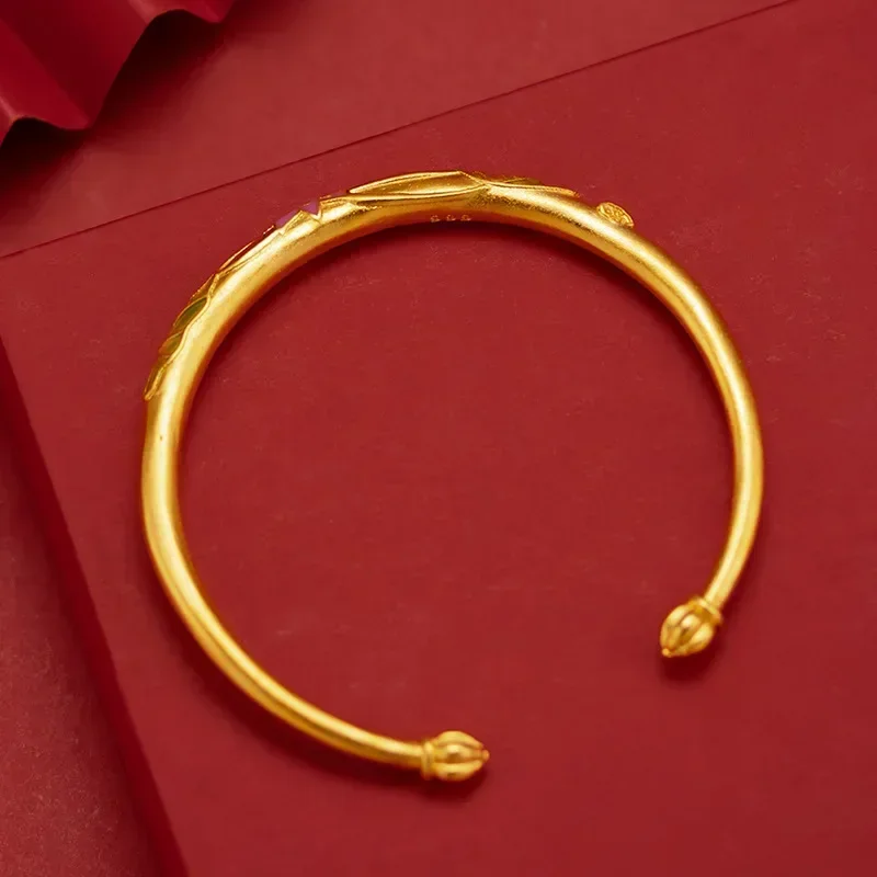 

9999 Real Gold 24K Retro Lotus Bracelet Boutique Thickened Gold Women's Ethnic Lotus Bracelet Gold