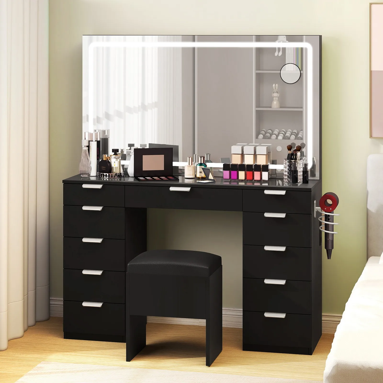 

Vanity Desk Set with Large LED Lighted Mirror with 11 Drawers for Bedroom Black