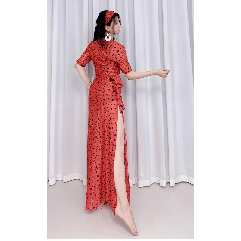 customized belly dance costume practice outfit baladi folk style robe red polka dot five piece set mesh practice plus size 3pcs