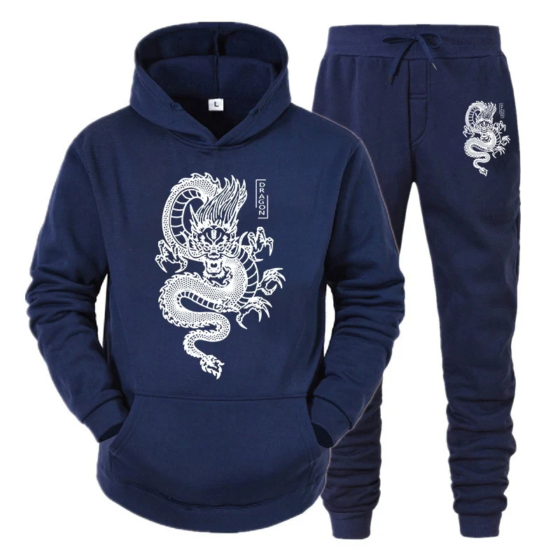 Men Tracksuit Set Hoodie Pant Spring Winter Dragon Print Casual Fleece Sweatshirt Sportwear Homme Streetwear Men Clothing