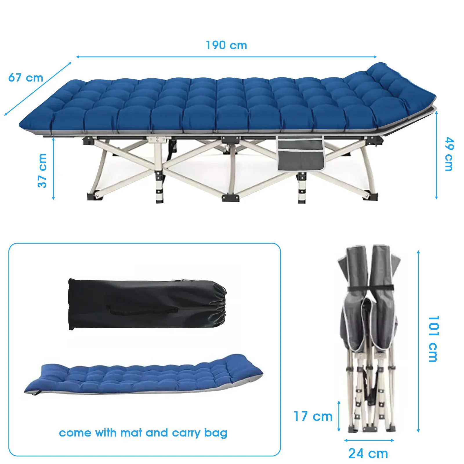 Cuna de Camping plegable de 190x71cm para adultos, cuna portátil con colchón, cama de cuna resistente al aire libre para campamento con bolsa de transporte