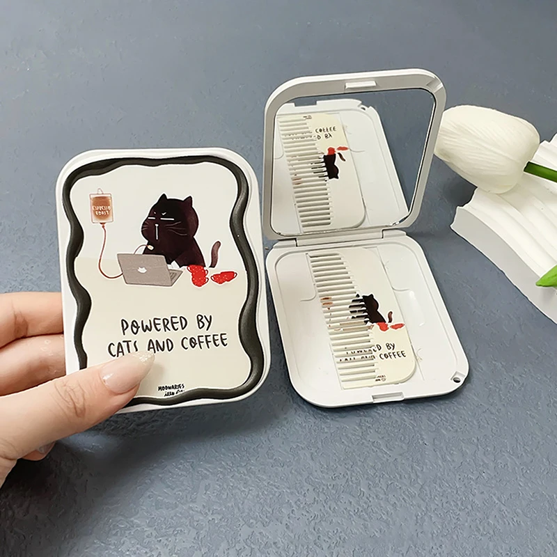 Cartoon Cat Pattern Flip-Top Folding Makeup Mirror Portable Pocket Mirror Rectangle Cosmetic Mirror With Comb For Women Girls