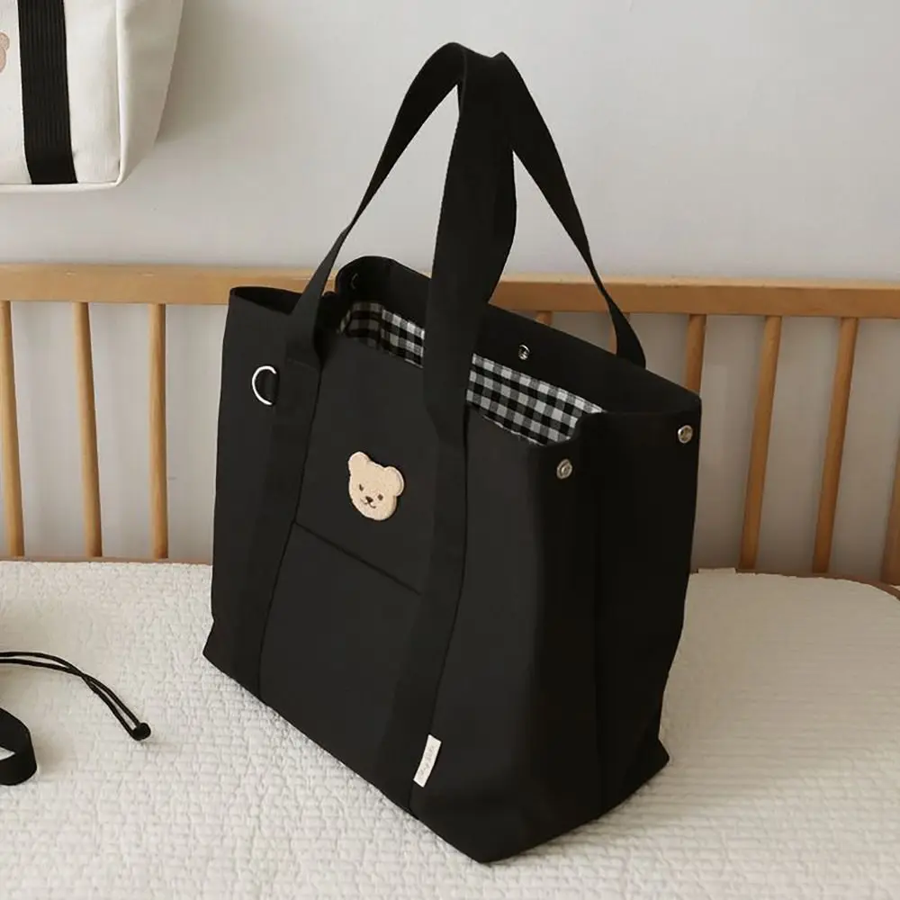 Women Canvas Bucket Handbags Casual Large Capacity Bear Embroidery Stroller Hanging Bag Korean Style Tote Bag Commuting Bag