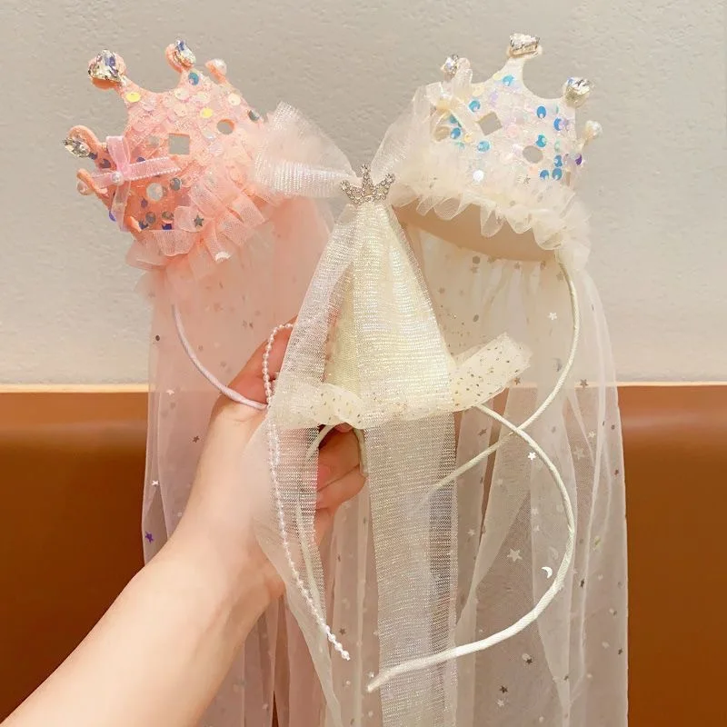 1Pc Birthday Princess Crown Veil Headbands Sparkly Tulle Hair Accessories Pink White Sequin Party Headwear Cute Girl's  Headband