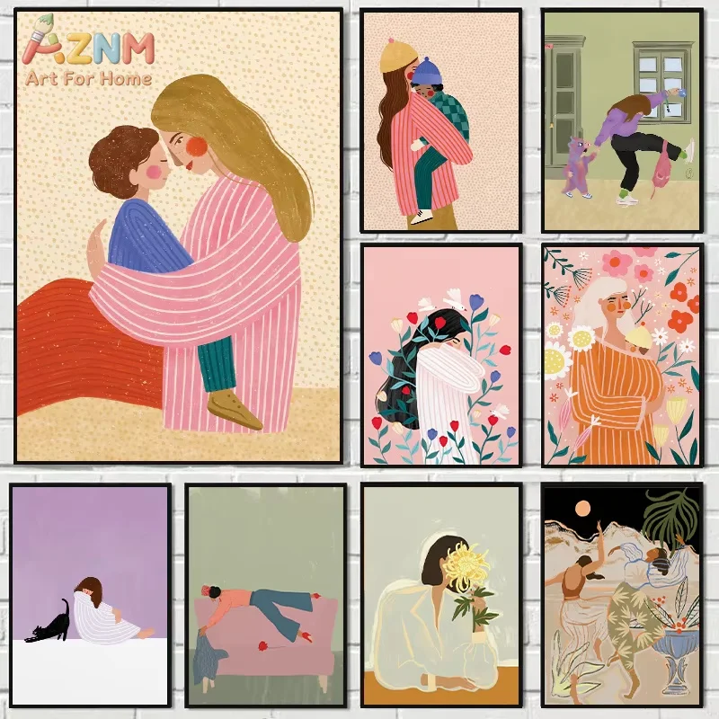 AZNM Abstract Mother Hold Her Son Illustration Canvas Print Mother's Day Feminist Wall Art  Modern Nursery Home Decor Gifts