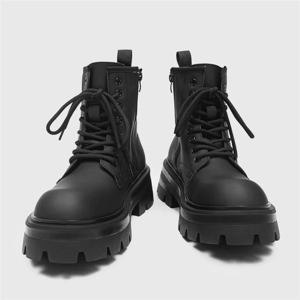 

Paris Fashion Thick Bottom Derby Boots Men's British Style Big Toe Black Leather Motorcycle Boots Lace Up High Top Shoes