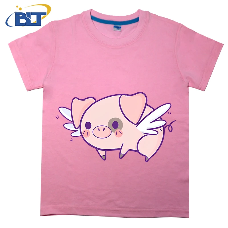 Flying Piggy Printed Kids Shirt Summer Cotton Short Sleeve Casual Tops Suitable for Boys and Girls