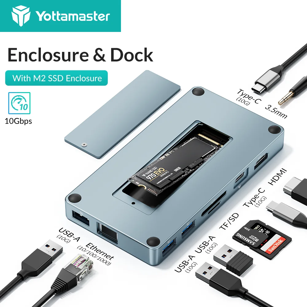 Yottamaster M.2 NVMe SSD Enclosure 10 in 1 Docking Station Adapter to USB3.1 10Gbps 4K HDMl-Compatible SD/TF R]45 for Laptop PC