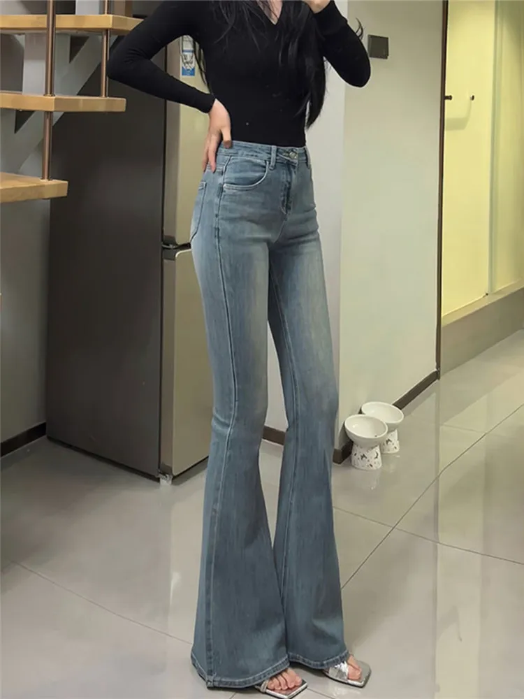 

American Vibe Retro High Waist Extended Floor Length Bell Bottom Jeans for Taller Women Summer Fashion Street Style Deep Color