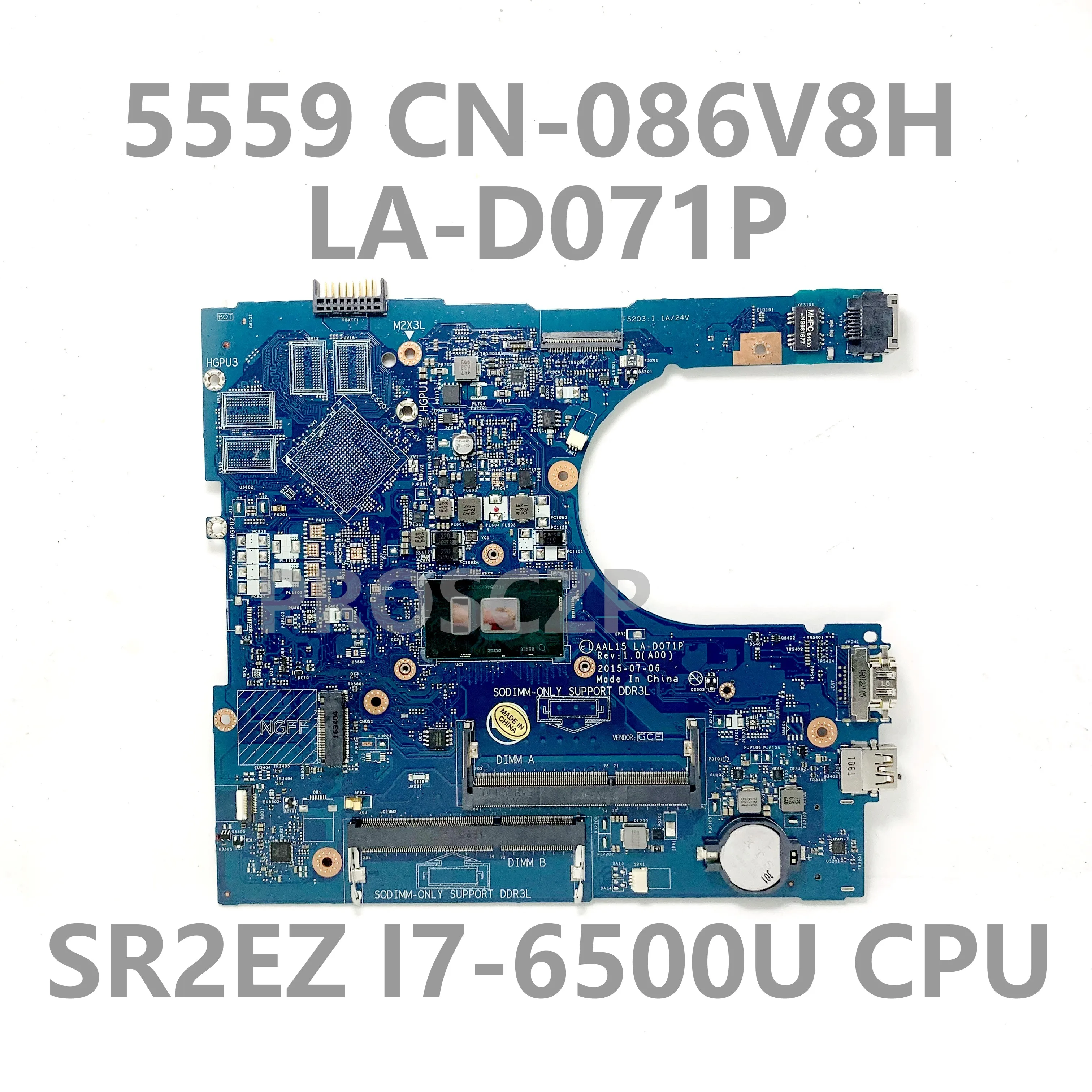 Mainboard FOR Dell 5459 5559 5759 CN-086V8H 086V8H 86V8H Laptop Motherboard AAL15 LA-D071P With SR2EZ i7-6500U CPU 100%Tested O