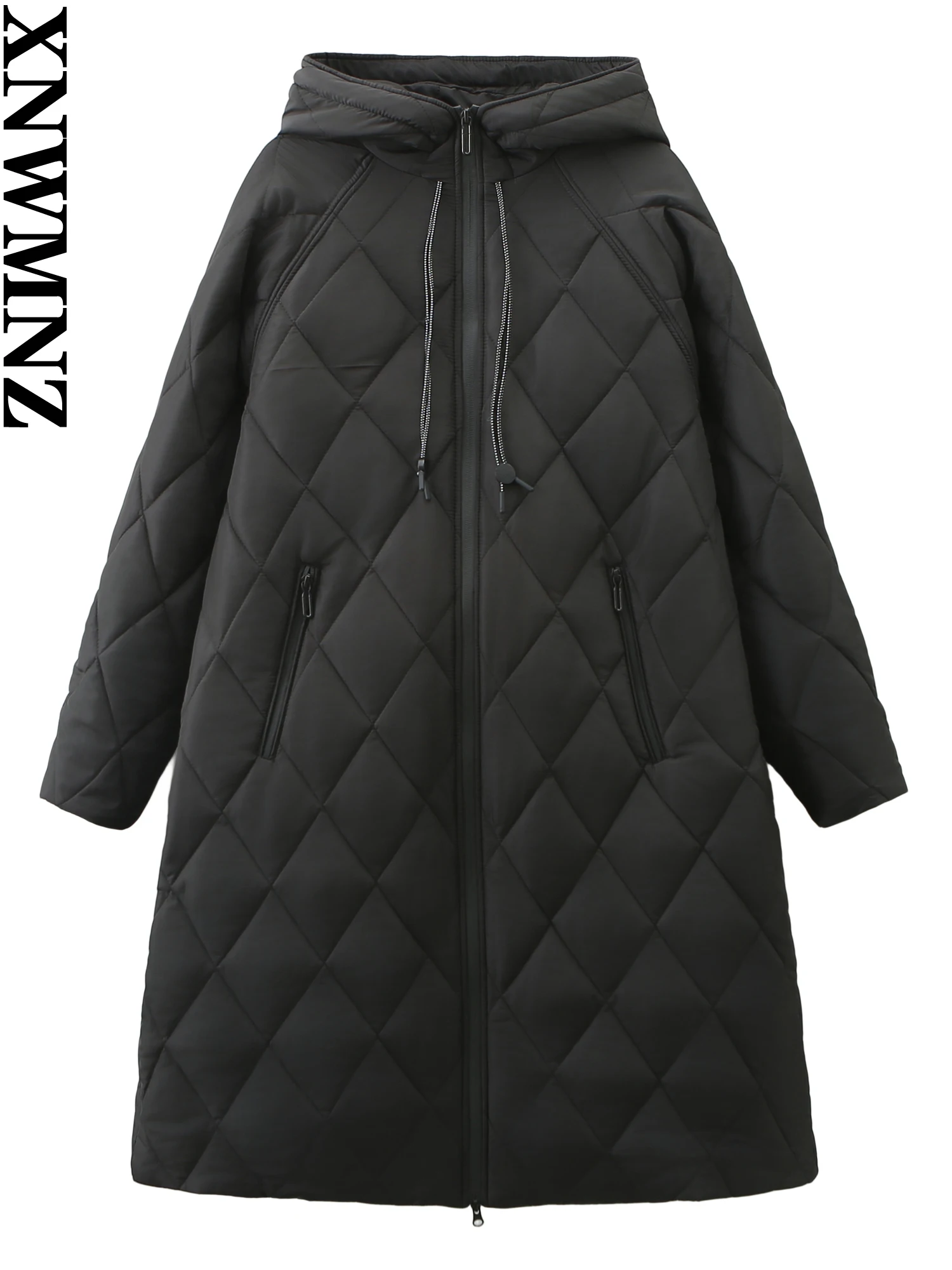 XNWMNZ Women\'s Fashion 2023 Winter Long Hooded Padded Jacket Women Vintage High Neck Long Sleeve Zipper Pocket Female Warm Coat