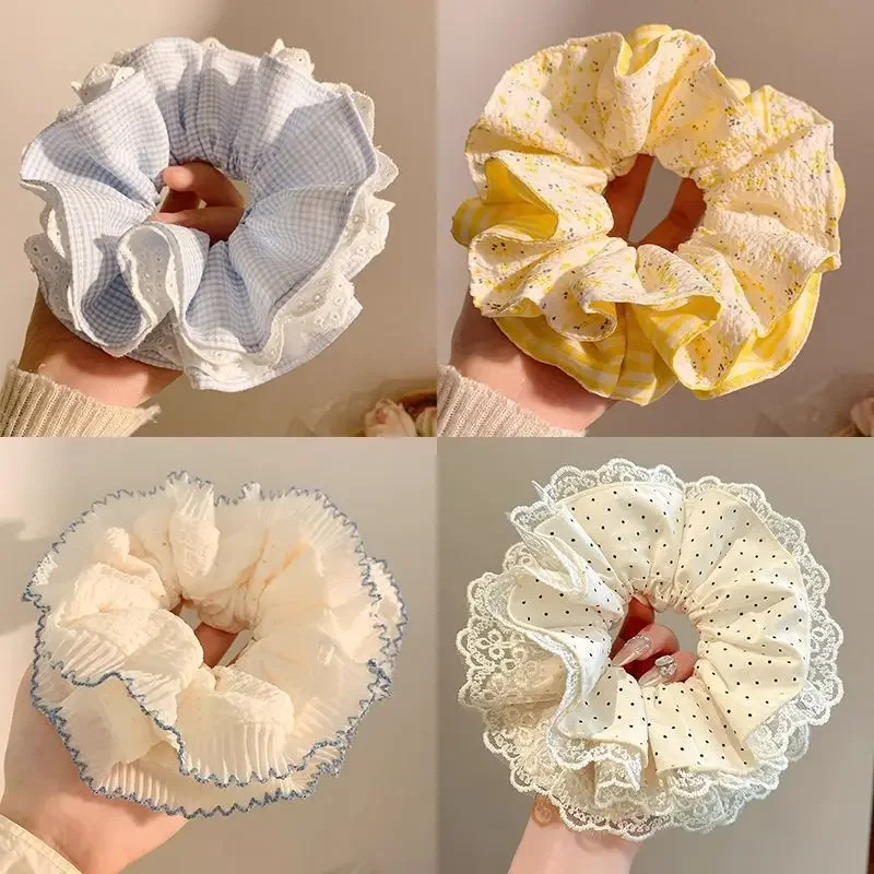 Blue Plaid Lace Scrunchie Korean Style Large Bow Hair Ring High Elastic Ponytail Holder for Women Girls Hsir Tie