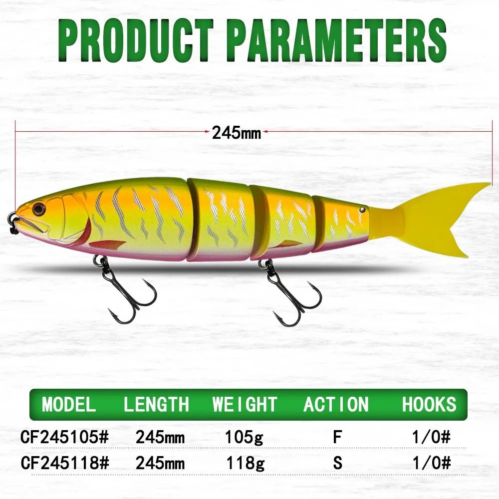 낚시 루어 수영 미끼 조인트 플로팅 싱킹 거대한 하드 미끼 섹션 루어, 큰 미끼 배스 파이크 미끼, 245mm, 11 색