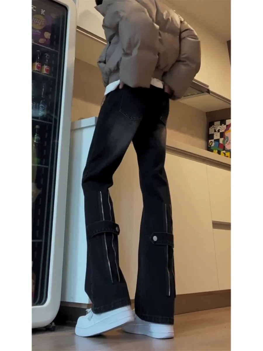 

American High Street Sle Men's Bla Jeans Spring Autumn Button Zipper Straight Leg Slimming Flared Long Trousers