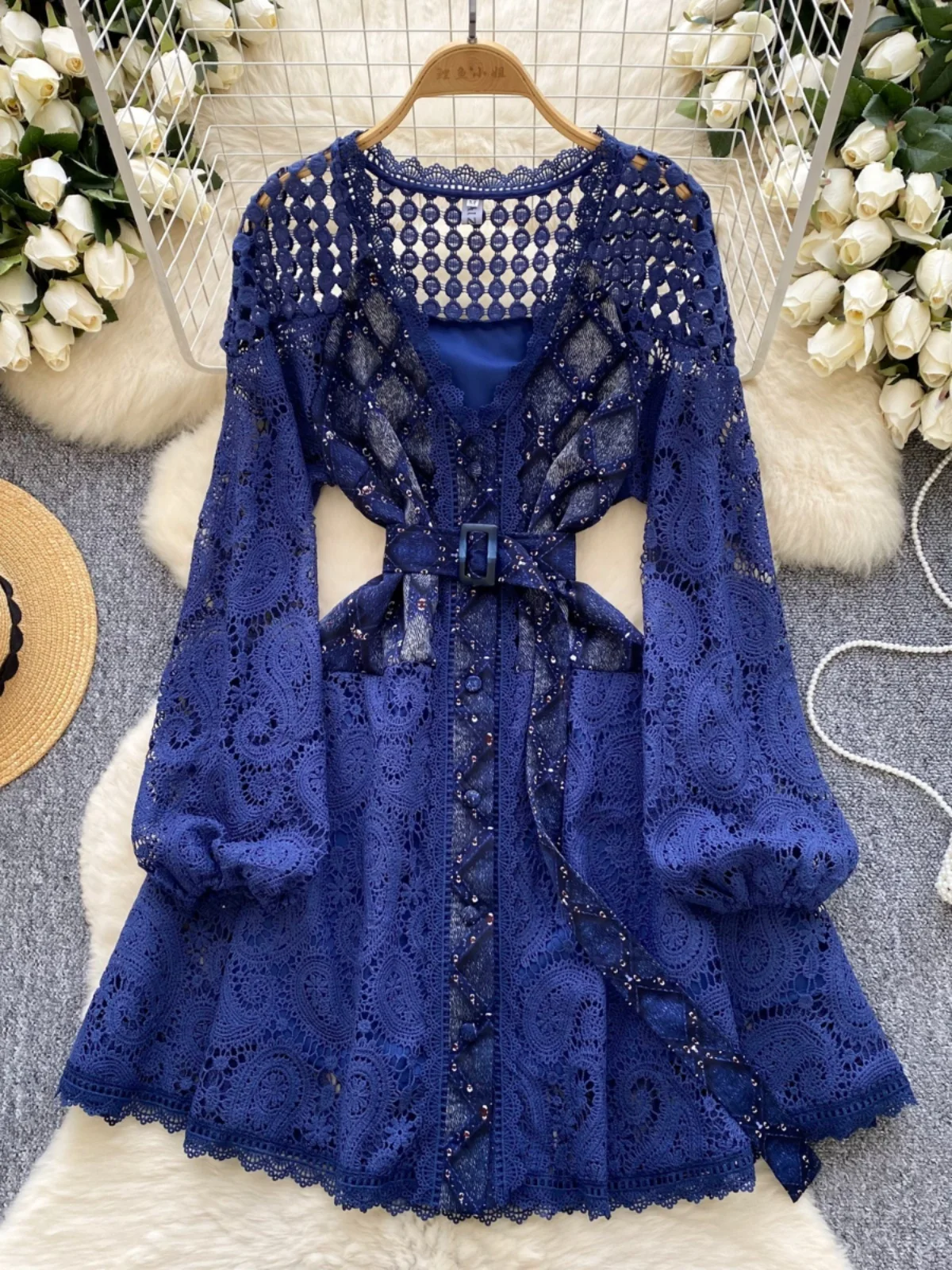 Elegant Luxury Lace Dresses Women Summer Long Full Sleeve V Neck Embroidery Hollow Out Short Dress Party Night Club Wear