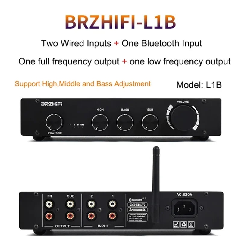 L1 Amplifier saluran A 2.0/2.1, Amplifier Decoding Bluetooth 5.0 bisa disesuaikan Bass tinggi Kelas A aluminium hitam/perak