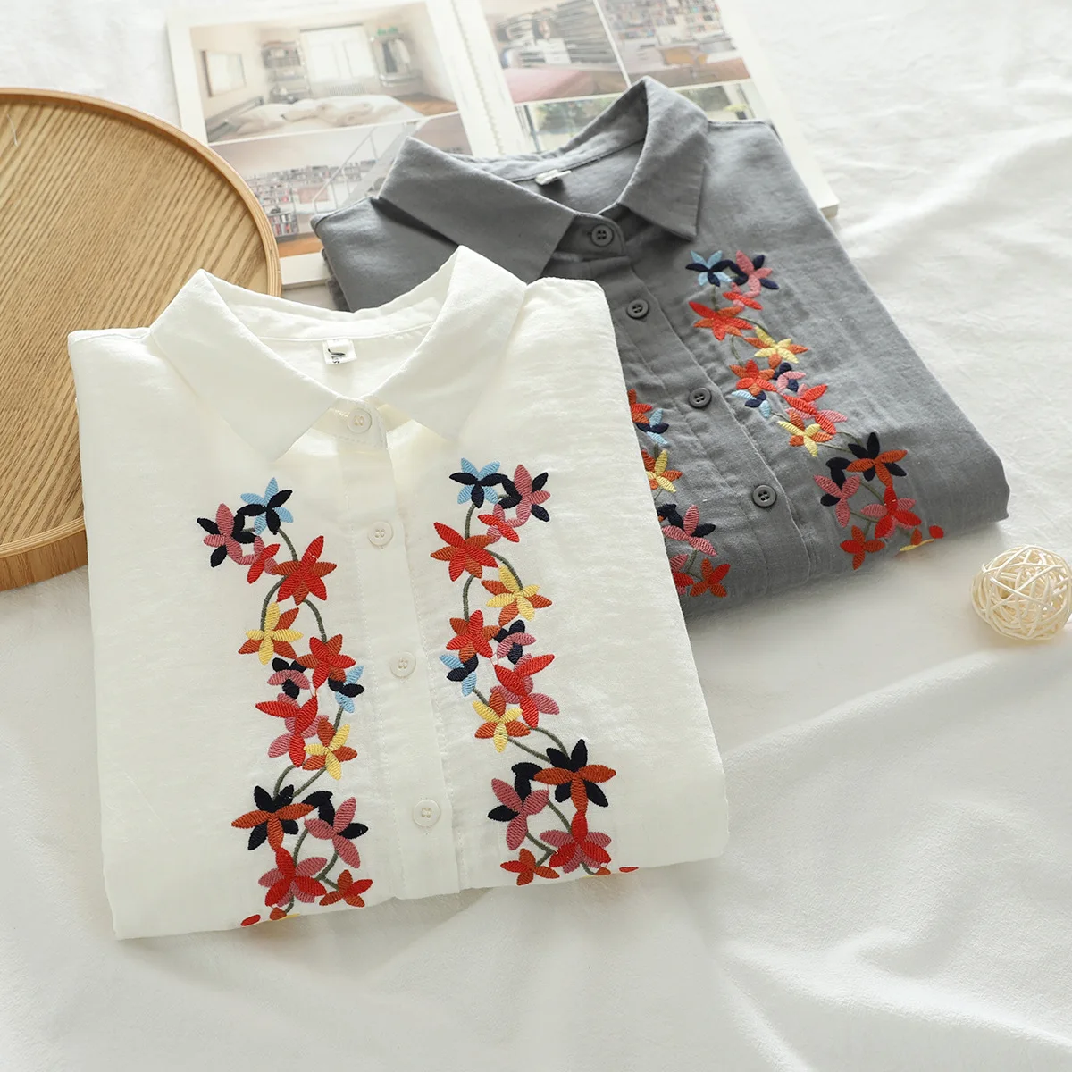 100% Cotton yarn white gray women elegant shirts blouses fall clothes 2024 women Japan style flowers embroider long sleeve tops