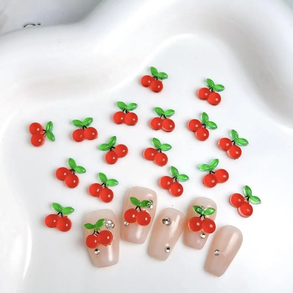 30PCS Kawaii Creative Simulated Cherry Resin Nail Charms 3D Ice Transparent Red Flat Bottomed Cherry Nail Art Decorations DIY