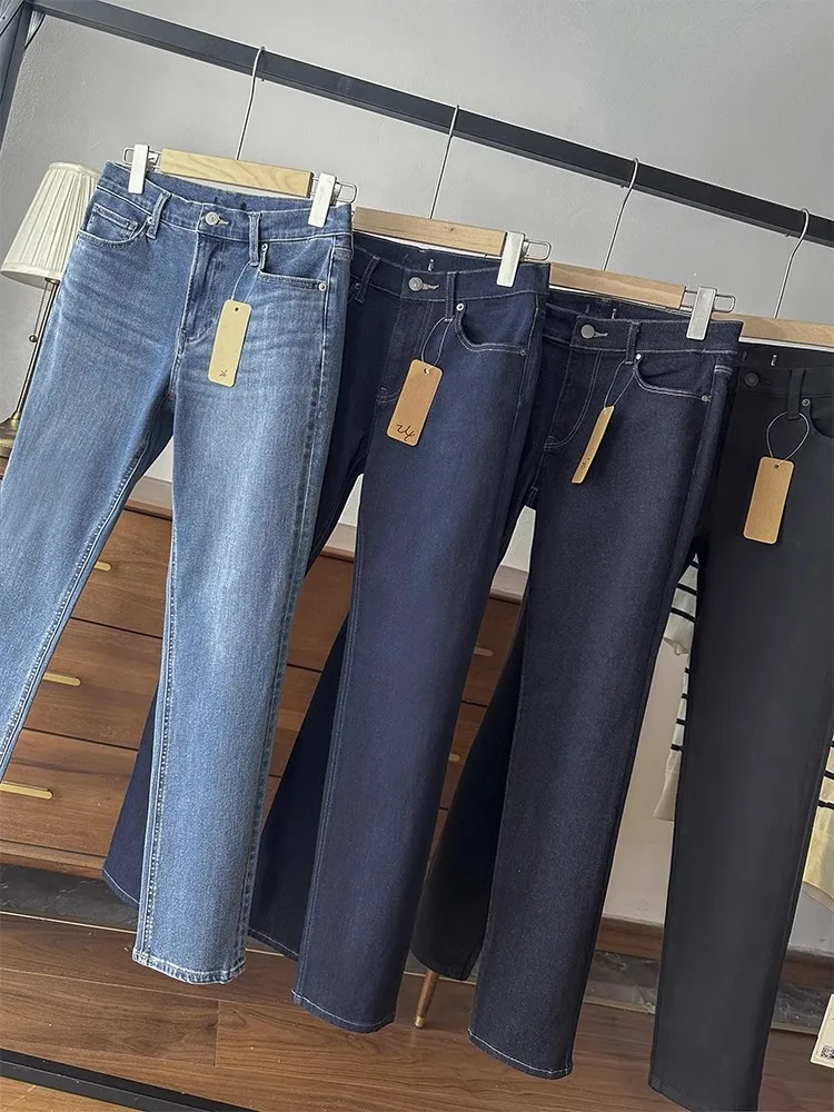 Cintura alta clássico ajuste elástico emagrecimento tubo calças jeans nove pontos versátil retro sle sala de estar entrada
