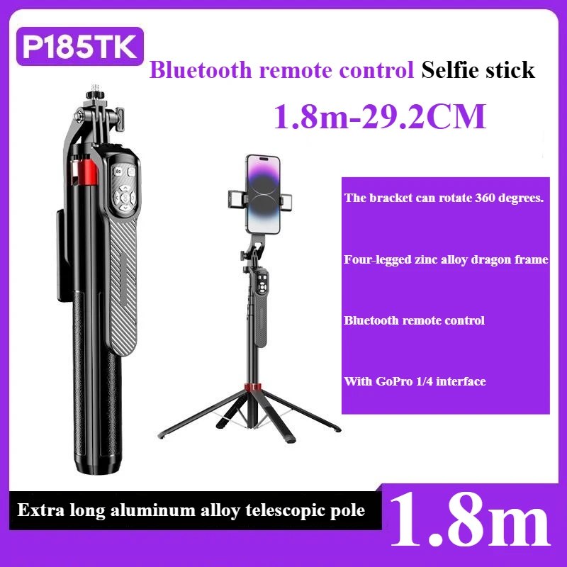

P185TK Selfie Stick Tripod 1.8m Extendable Phone Stand with Remote Shutter 360° Rotatable for Selfies, Vlogging, Live Streaming