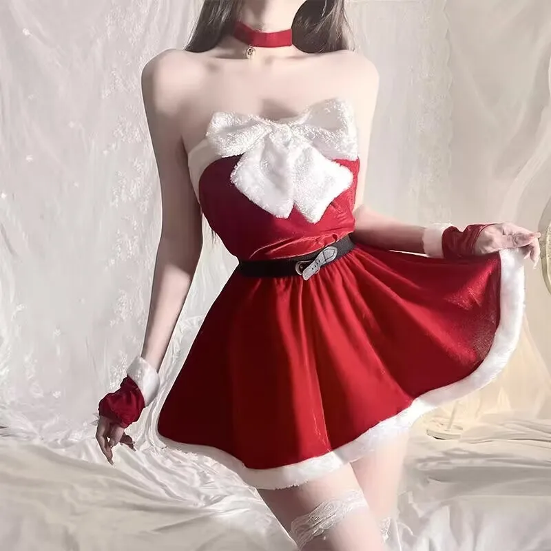 

Christmas Dress with Belt Red Girly Cute Christmas Costumes New Year's Party Dress with Accessories Sexy Maid Cosplay Women