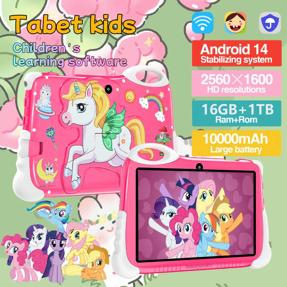 

2025 New Kids Tablet 10.1-inch Android14 16GB RAM 1TB ROM 16MP + 32MP Bluetooth 2560x1600 5G Eye Protection Enlightenment Tablet