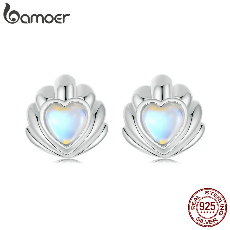 BAMOER 925 Sterling Silver Dainty Seashell Stud Earrings for Women, Heart-shaped Moonstone Hypoallergenic Earrings SCE1763