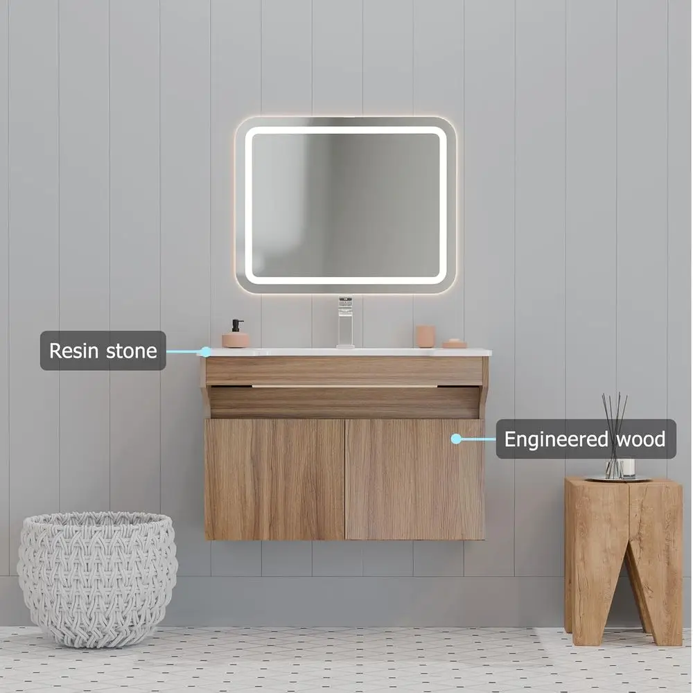 الغرور العائم الحديث المتوافق مع ADA مع خزانة خشبية وحجر الراتنج وقضيب إمساك لمستخدمي الكراسي المتحركة وكبار السن