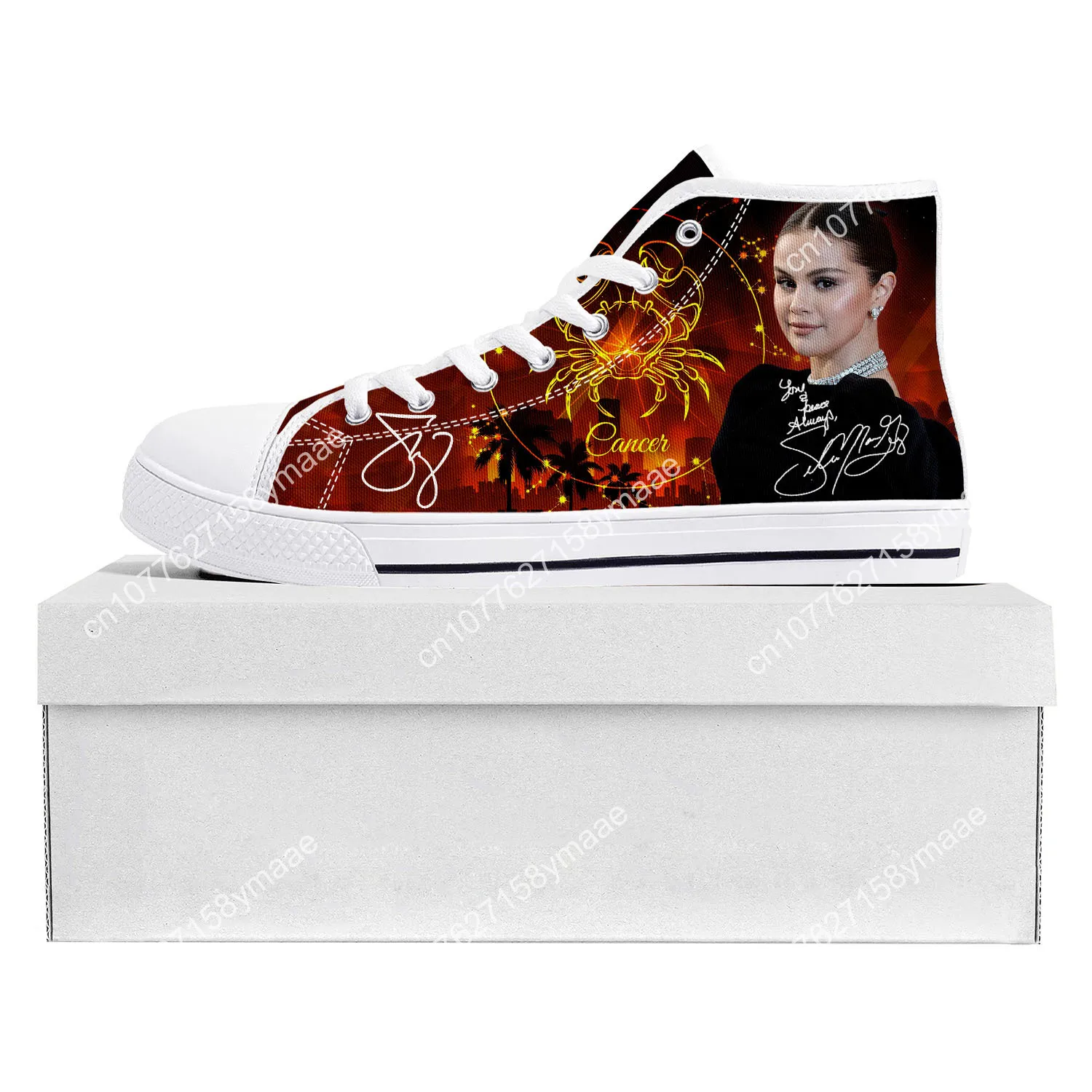 Selena Gomez High Top Sneakers Mens Womens Teenager Canvas High Quality Sneaker Casual Custom Made Shoes Customize Shoe White