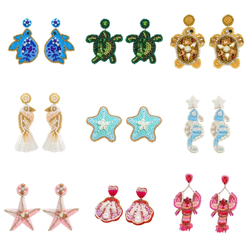 Beaded earrings Fabric Turtle Little bird Starfish Bohemia Pattern Hand weaving Alloy Female Trend Versatile Rice bead earrings