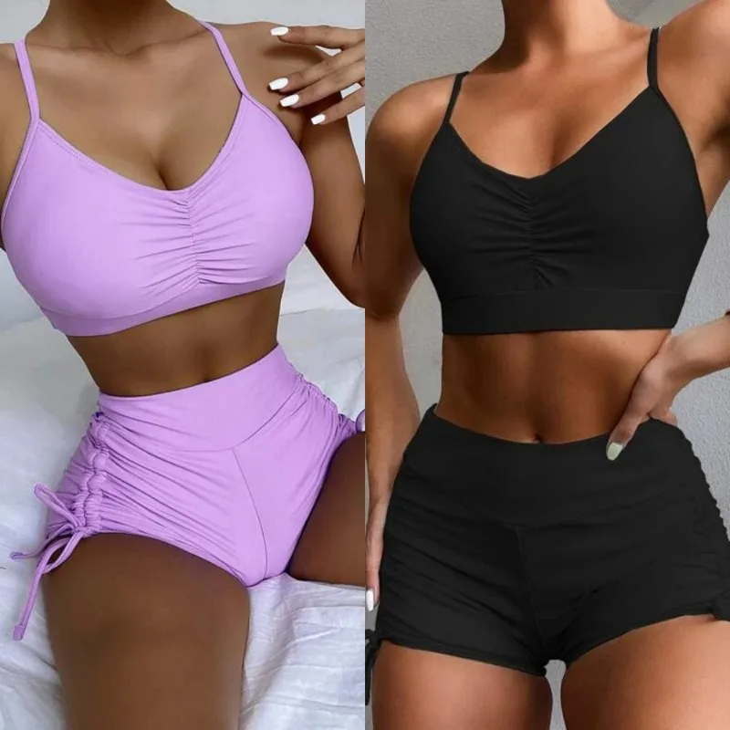 

Women's Solid Color Bikini Set Sexy Slim Small Chest Gathered Bra Push Up Swimwear Tie-up Pleated Beach Swimsuit Bathing Suit