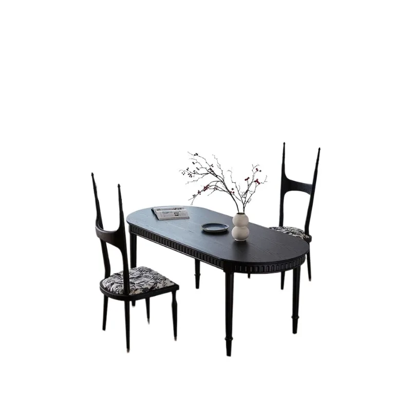 

French vintage gothic dining table black solid wood modern mid-style semi-oval niche table