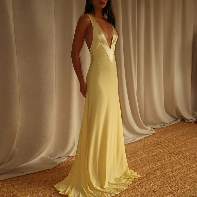

Deep V High Waist Slim Fit Yellow Long Dress Elegant Temperament Sleeveless Suspender Evening Dress Satin Formal Occasion Dress