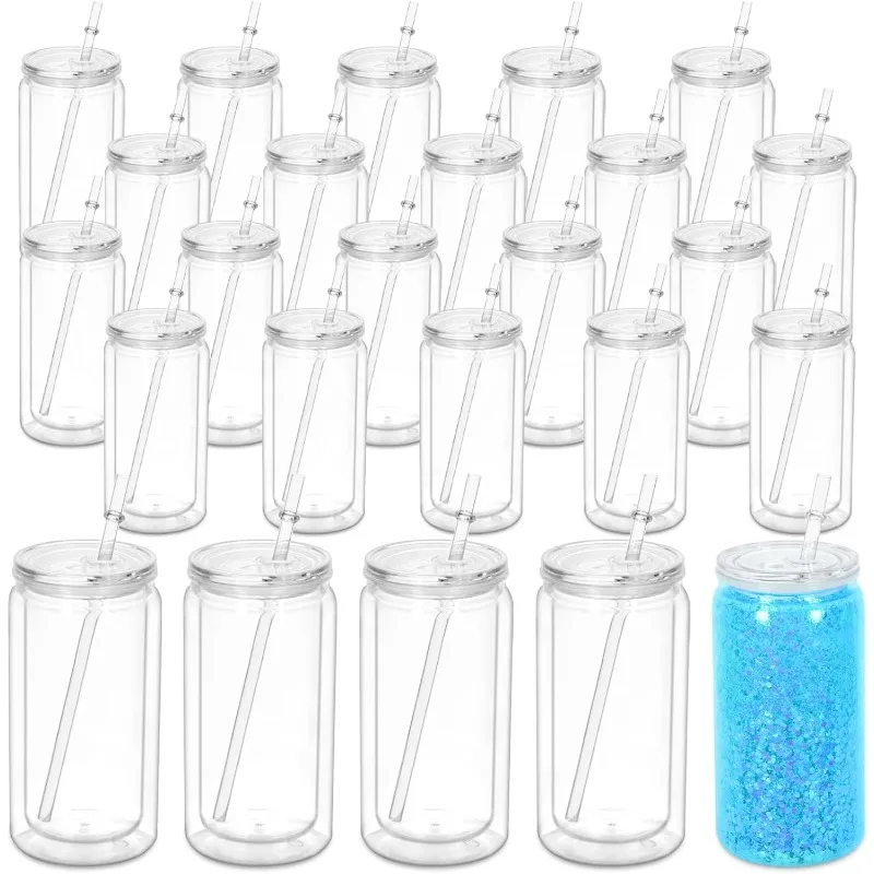 

16 Oz Acrylic Snowglobe Tumbler, 25 Pack Pre-Drilled Double Wall Plastic Clear Cup for Glitter Snow Globe Diy